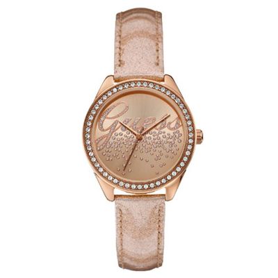 Montre GUESS Femme Bracelet Cuir Beige Rose Champagne Tendance
