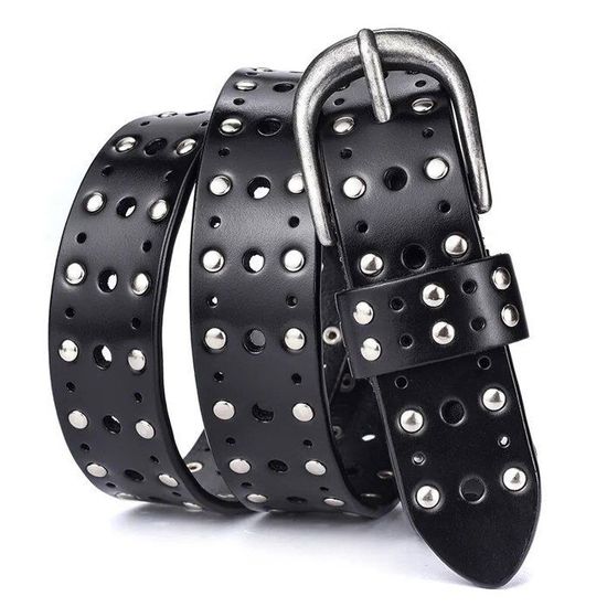 Ceinture Punk Rivet PU Avec Chaîne - Homme/Femme - Double Rangée Trou - 110cm - DECARETA