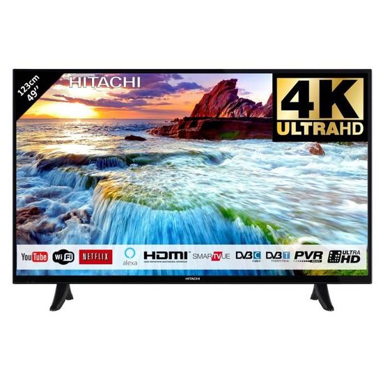 Téléviseur HITACHI de 49" (123,1cm) 4K Ultra HD / SMART TV: Netflix, Youtube, Prime / Wifi - Ethernet / 2 HDMI / VGA-PC / 1 USB