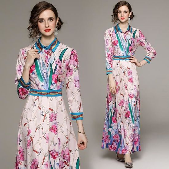 Robe D'été Longue Femme Vintage - Imprimé Floral, Col Rond, Manches 3/4 - Coupe Ample - Taille Grande