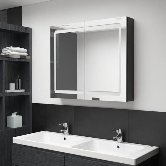 2411NEW Pro® Armoire de salle de bain à miroir LED,Armoire murale de Toilettes Suspendue,Meuble haut salle de bain Noir brillant 80x