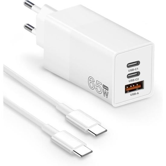 Kit Chargeur USB C 65W + Câble USB C/USB C 2m Blanc