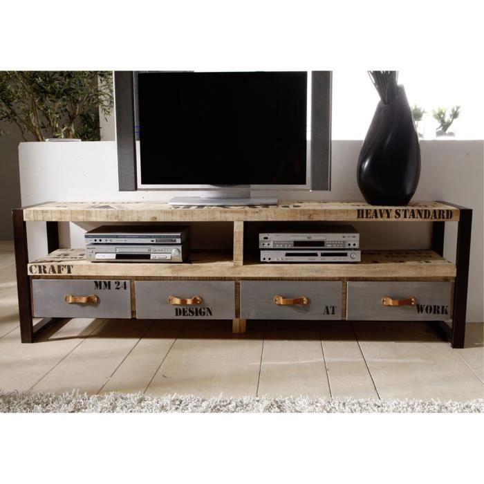 Meuble TV 196x40cm - Bois massif de manguier brut - Fer et bois imprimé - FACTORY #130