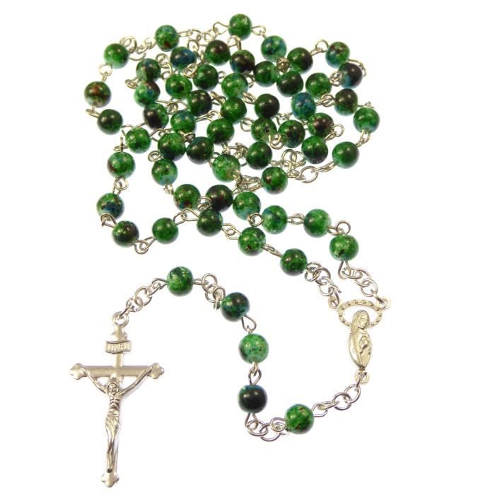 6mm perles de style en marbre vert foncé Rosaire collier de perles