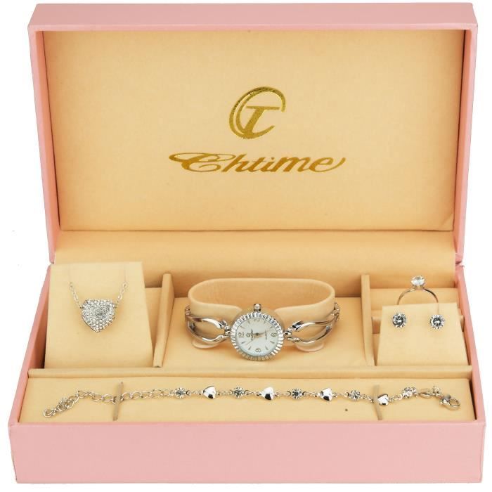 Coffret cadeau Montre Femme Argent- Parure de Bijoux - Collier-Bague- Boucles d'oreilles - Bracelet