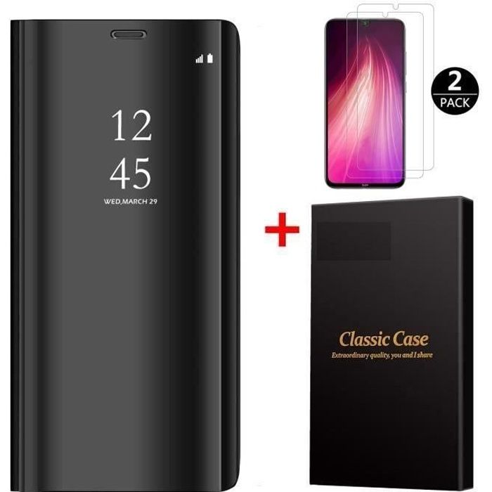 MISSTARS® Xiaomi Redmi 9 Coque Etui Flip Housse Effet Miroir Noir Avec Deux (02) Verre Trempé Protection écran