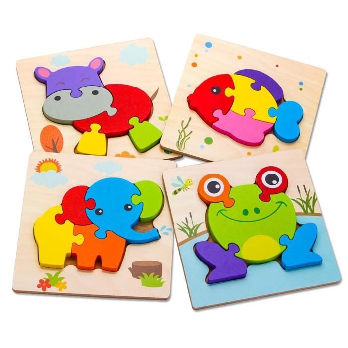 4Pcs Blocs En Bois De Construction Pour Tout-Petits Jouets D'Assemblage Éducatifs Formes D'Animaux Couleurs Vives