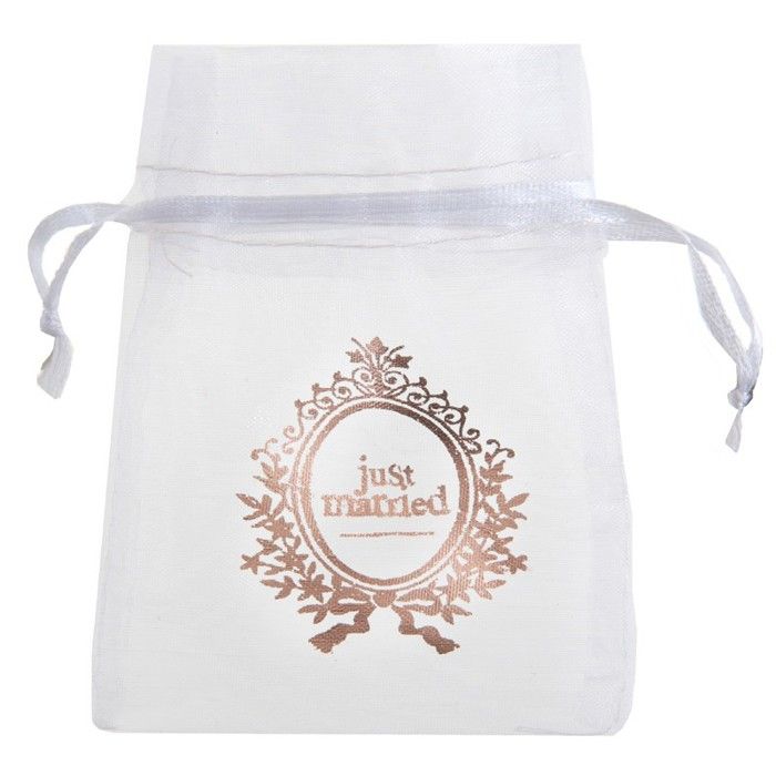 Sachet organdi mariage Just Married blanc et rose gold métallique (x6) REF/6903