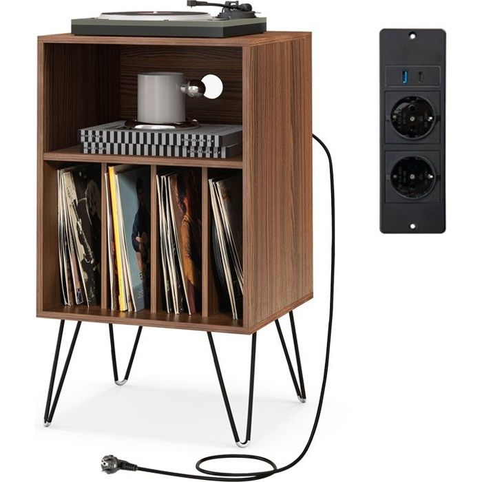 GOPLUS Petit Meuble de Rangement 53x46x87CM avec Station de Charge USB Type C - 5 Etagère de Rangement Dossier Vinyle Noyer