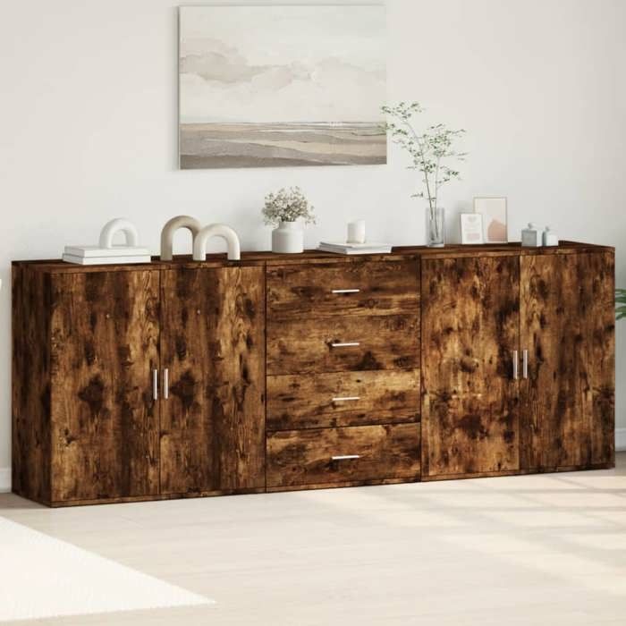 vidaXL Buffets 3 pcs Chêne fumé Bois dingénierie armoire de rangement meuble dentrée meuble dappoint meuble de 3276613