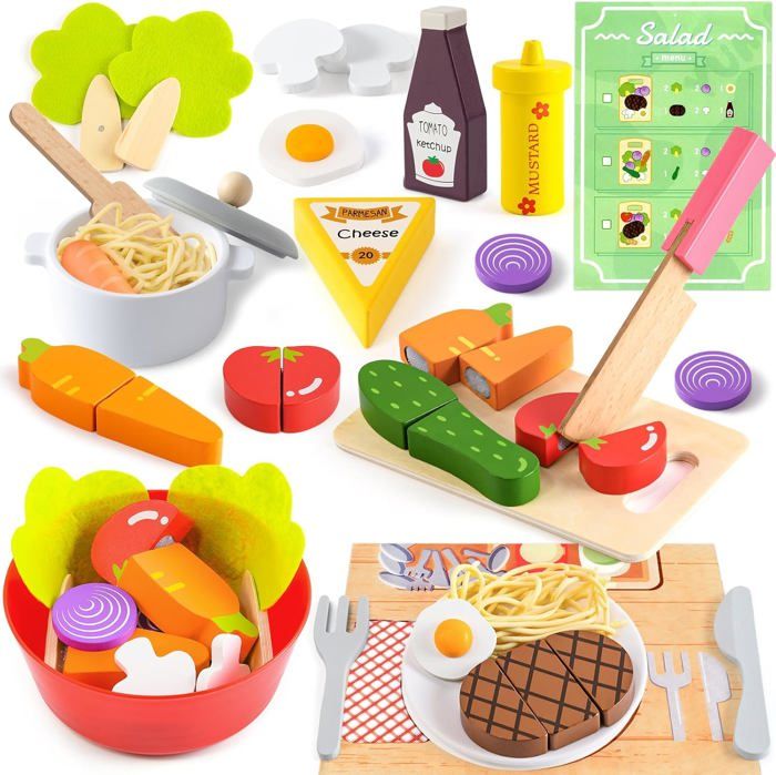 Dinette En Bois Accessoire Cuisine Enfant Salade Pasta Aliment En Bois Enfant Nourriture Ustensile Cuisine Enfant Fruits Et Legume Cdiscount Jeux Jouets