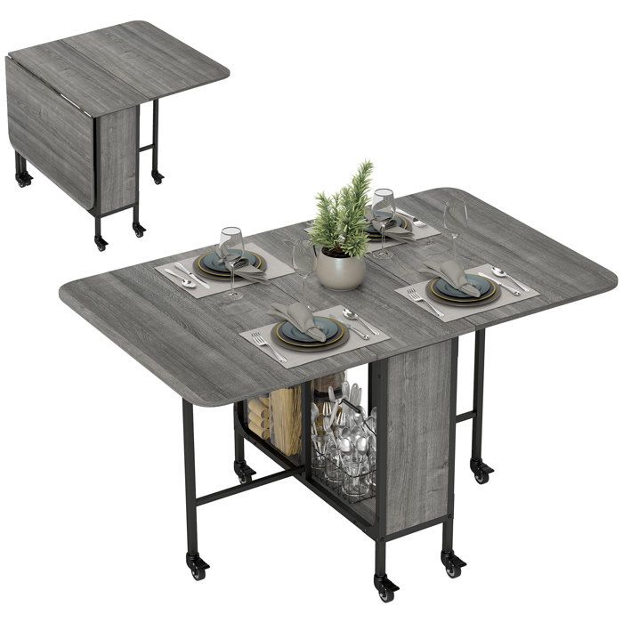 Table pliante de cuisine - HOMCOM - Extensible salle à manger sur roulettes jusquà 6 personnes - étagère intégrée - 6 roues - Gris