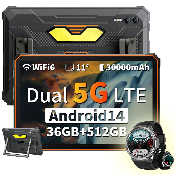 Blackview Active 10 Pro Tablette Tactile 11 Android 1450MP+20MP36+512Go/SD 2To30000mAh(55W) Orange Avec Montre W50 Noir
