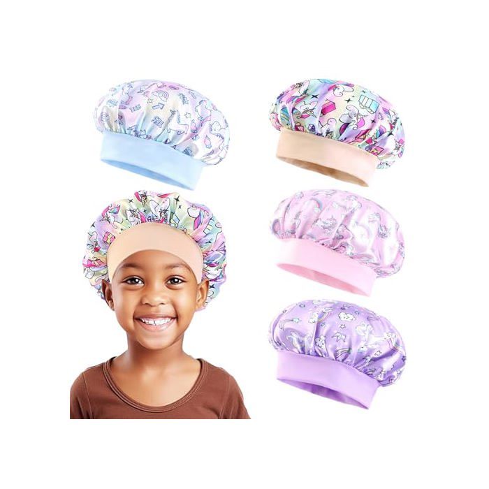 4 Pièces Bonnet Cheveux Bonnets de Douche Réutilisable de Enfant Chapeau Nuit en Satin avec Élastique et Motif Licorne (Rose