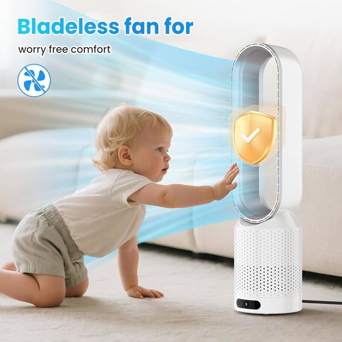 Ventilateur Sans Pale 8 Vitesses Ventilateur Colonne Sans Pale Oscillation 90° Minuterie de 2 Heures 3 Modes de Vent 30dB - Prumya