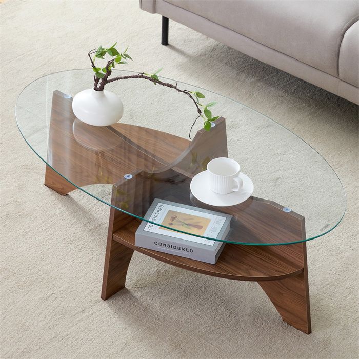 Table basse ovale en verre et bois table basse transparente scandinave design verre trempé haute qualité moderne 104.9×60×35.6cm
