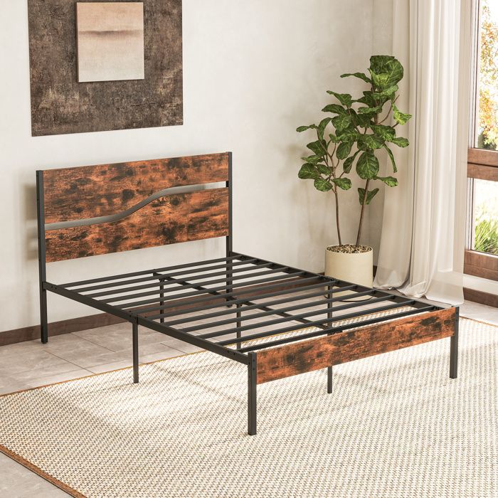 GIANTEX Cadre de Lit Double 140 x 200 cm - Tête de Lit en Bois - Rangement Sous le Lit - 12 Lattes en Métal - Style Industriel