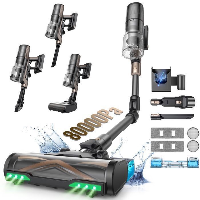 Proscenic Aspirateur balai sans fil P20 -Sec/Humide 80kPa / 180AW SmartSpeed™ 70 Min-Tube Pliable à 180°- Auto-Portant -Poils animaux