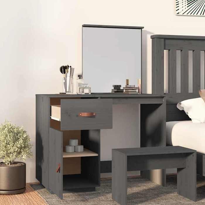 Coiffeuse en bois de pin - vidaxl - Gris - 95x50x135 cm - Bois de pin massif - Miroir inclus - Grand espace de rangement