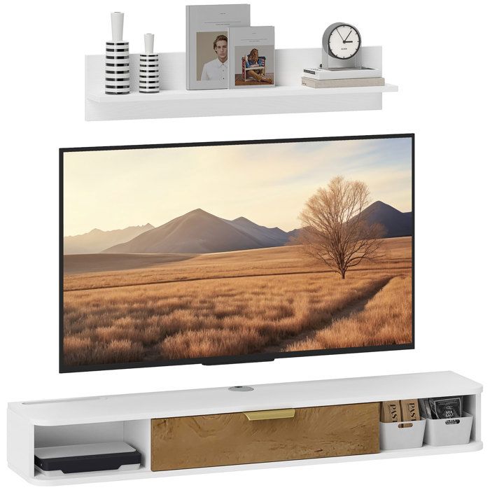 Ensemble meuble TV suspendu avec étagère murale - HOMCOM - porte rabattable et passe-câbles - 120 x 24 x 16 cm - blanc Ensemble meuble TV suspendu avec étagère murale - HOMCOM - porte rabattable et passe-câbles - 120 x 24 x 16 cm - blanc