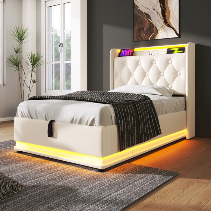 Lit coffre 90x200 cm en PU blanc avec tête capitonnée et éclairage LED 360° – Design classique