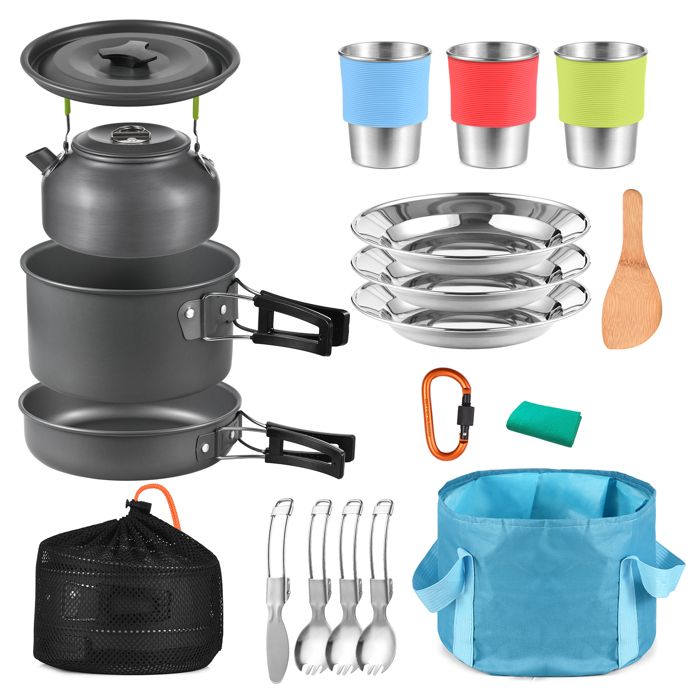 Ensemble cuisine camping 21 pièces pour 3 personnes - Shipenophy - Aluminium - Inclut casserole et bouilloire