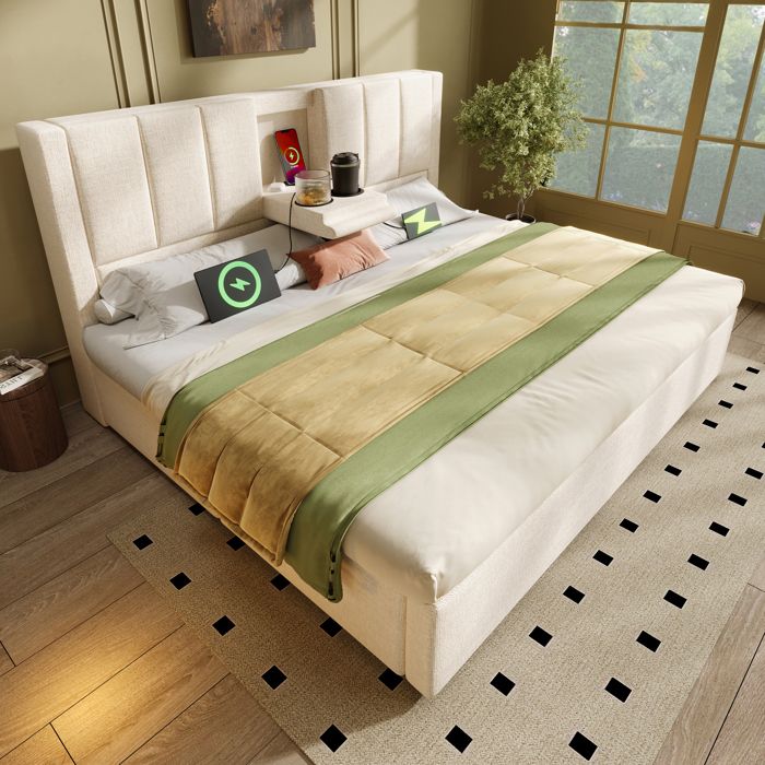 Lit Rembourré 140x190 cm avec Rangement Hydraulique Porte-Gobelet et Station de Charge Tissu Lin Beige Sans Matelas