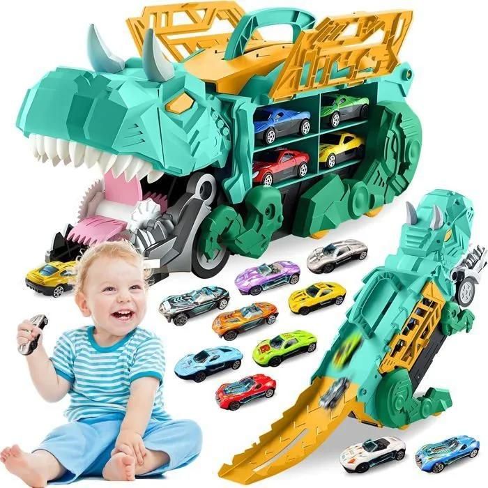 Camion Porte-voitures 46 Cm Avec 6 Voitures Métal, 12 Dinosaures Et 9 Panneaux – Jeu éducatif 3 Ans+