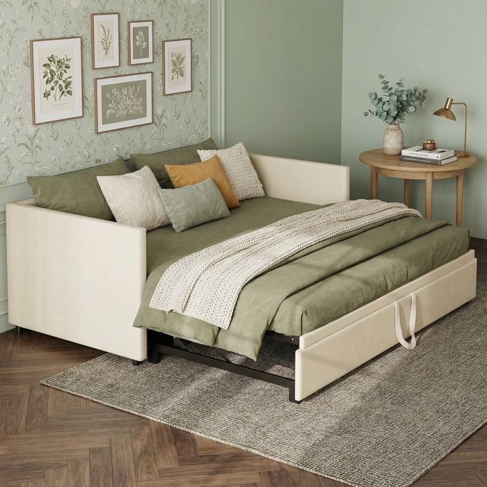 Lit gigogne 2 places 90/180x200cm - Andeonline - Canapé lit canapé convertible avec sommier à lattes - Style moderne - Velours beige