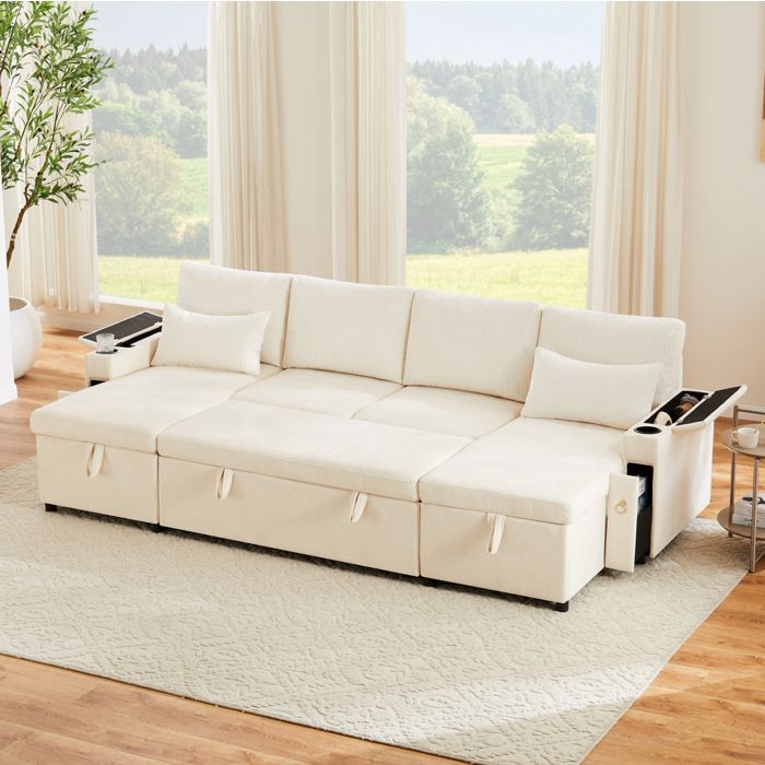 MEUBLIV Canapé convertible en U avec rangements et porte-gobelets 272x131x84 cm chenille et velours beige