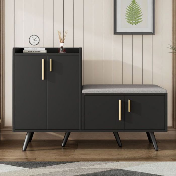 Banc de Rangement à Chaussures Noir 4 Portes avec Coussin Confortable Meuble d’Entrée