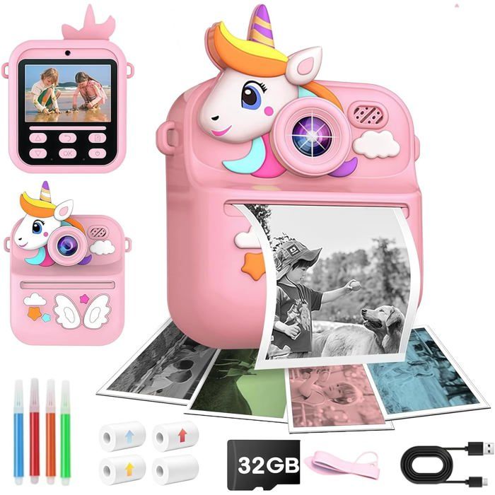 Appareil Photo Instantané Enfant TERRAMUS Appareil Photo Instantané Pour Enfants – écran 2,4″, Impression Thermique, 5 Jeux, Vidéo 1080P, 32Go Inclus – Cadeau Filles/garçons 3-14 Ans