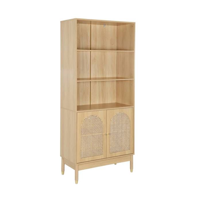 sweeek - Etagère bibliothèque décor bois et cannage 4 niveaux 2 portes JUDITH