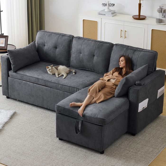 Canapé-lit en L - Gris - Coton Lin - 211x130x86 cm - Rangement intégré - Porte-gobelet - Méridienne interchangeable