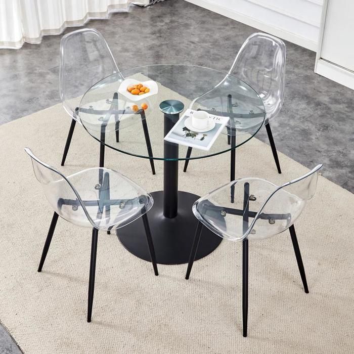 Table à manger avec 4 chaises en plastique transparent Ensemble table et chaises salle a manger en verre trempé de 85cm de diamètre