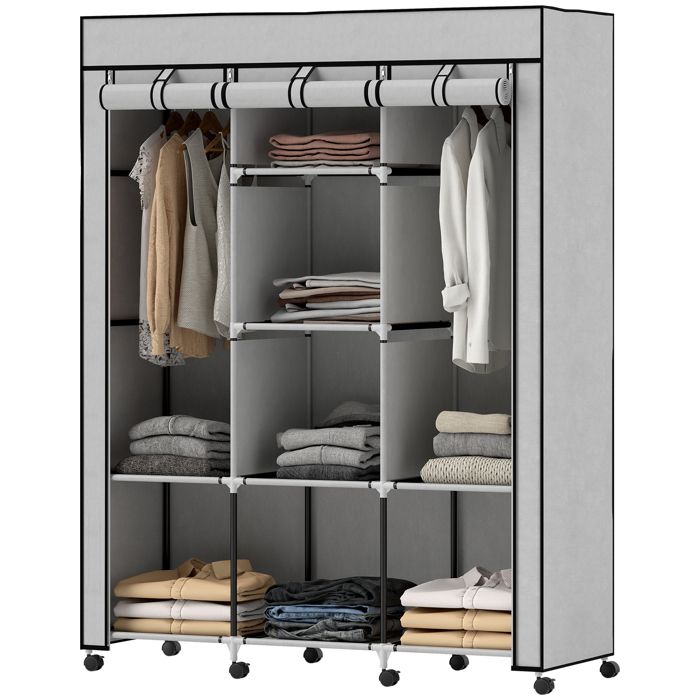 LIA Armoire penderie multi-rangement - 8 étagères 2 barres - non tissé gris
