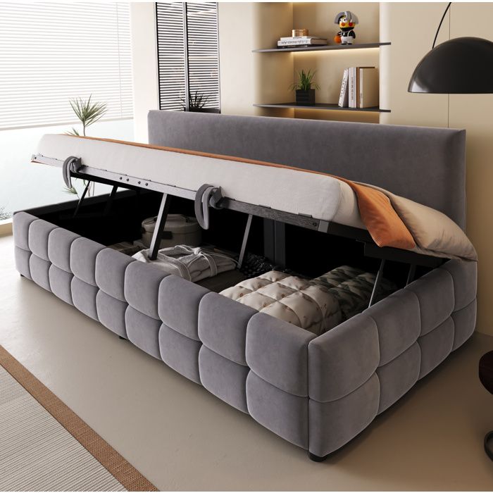 Lit simple rembourre 90 x 200 cm - Gris fonce - coffre hydraulique et dossier sans accoudoirs