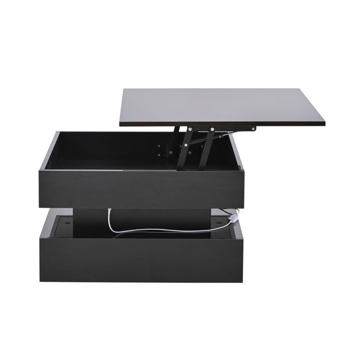 Modenuit Table basse relevable carrée 65 x 65 x 38 5 cm avec LED 2 tiroirs rangement caché noir brillant
