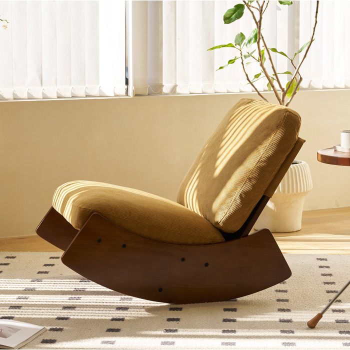 Fauteuil à bascule en tissu côtelé orange avec structure en bois massif assise rembourrée pour salon ou chambre