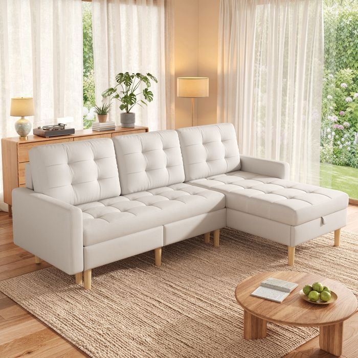 Canapé dangle 3 places 212x130x86 cm avec méridienne réversible et double rangement - Beige