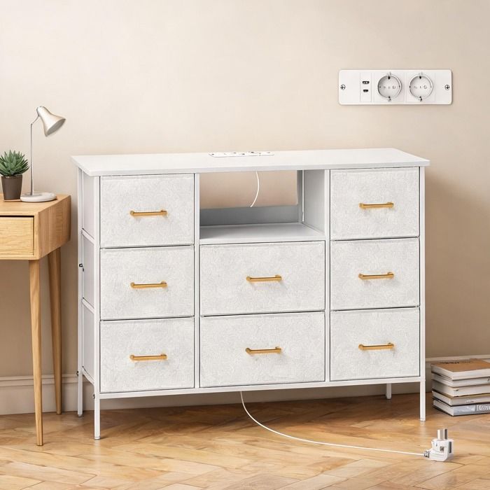 Commode 8 tiroirs tissu blanc crème 110x30x76 cm prises USB-C intégrées cadre acier