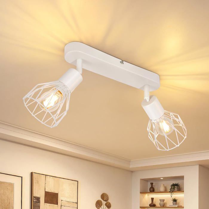 Plafonnier Spot Orientable E14 Vintage Blanc – 2 Spots Réglables pour Cuisine Chambre Salon Style Industriel Sans Ampoule