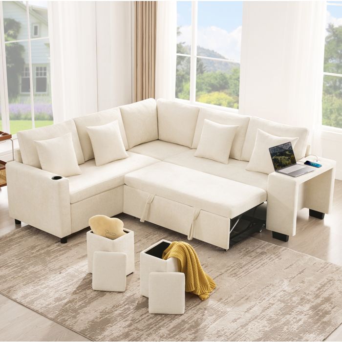 Canapé DAngle Convertible Beige Sofa Modulable FloraGrace Pour Salon Rangement Et Ports USB-C 220x205x86 5cm