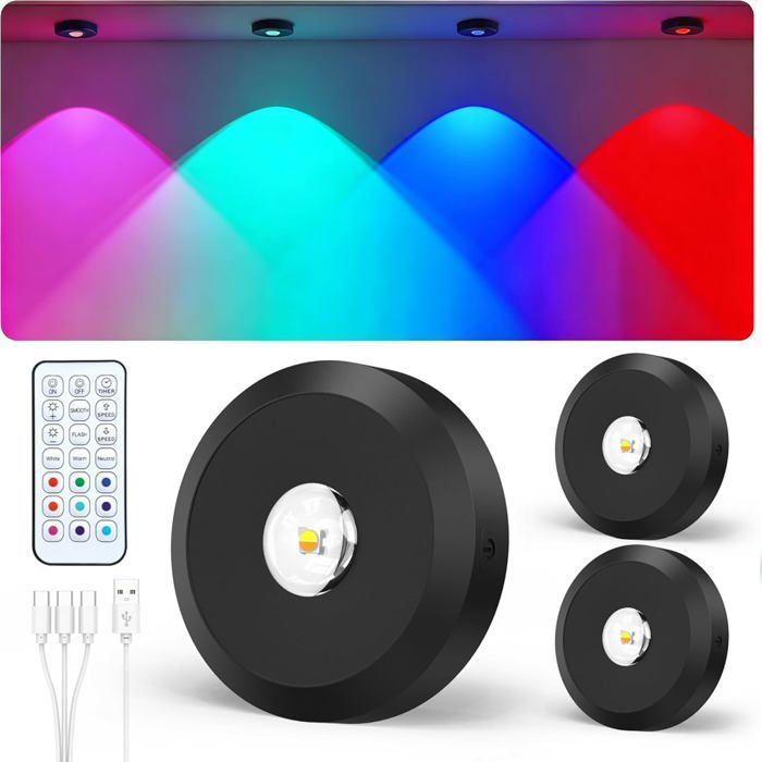 Spot LED sans fil  - Puck Light rechargeable - RGB dimmable - Télécommande incluse - Autonomie 60 heures