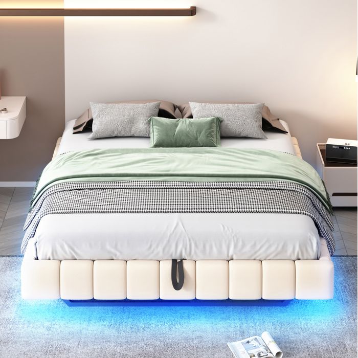 VUENOR Lit 160x200 cm beige – coffre de rangement LED sans tête de lit sans matelas
