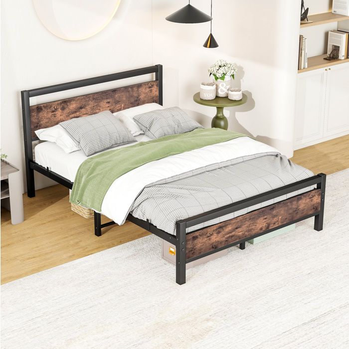 Cadre de lit 140 x 190 cm en métal et MDF avec sommier à lattes tête et pied de lit marron antique