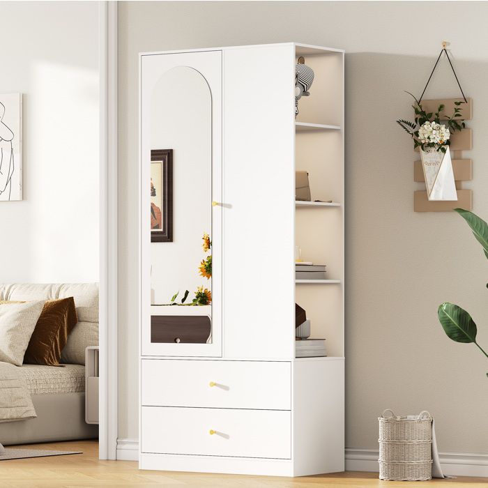 Modenuit Armoire avec miroir 1 porte 2 tiroirs 4 étagères tringle MDF blanc 80 x 40 x 180 cm