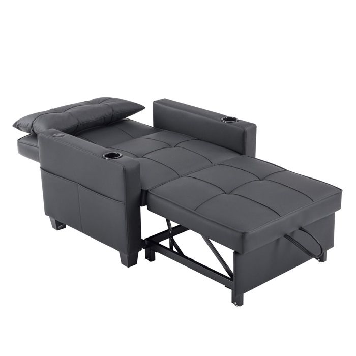 Canapé-lit convertible 3-en-1 noir 1 place en simili cuir avec porte-gobelets et USB