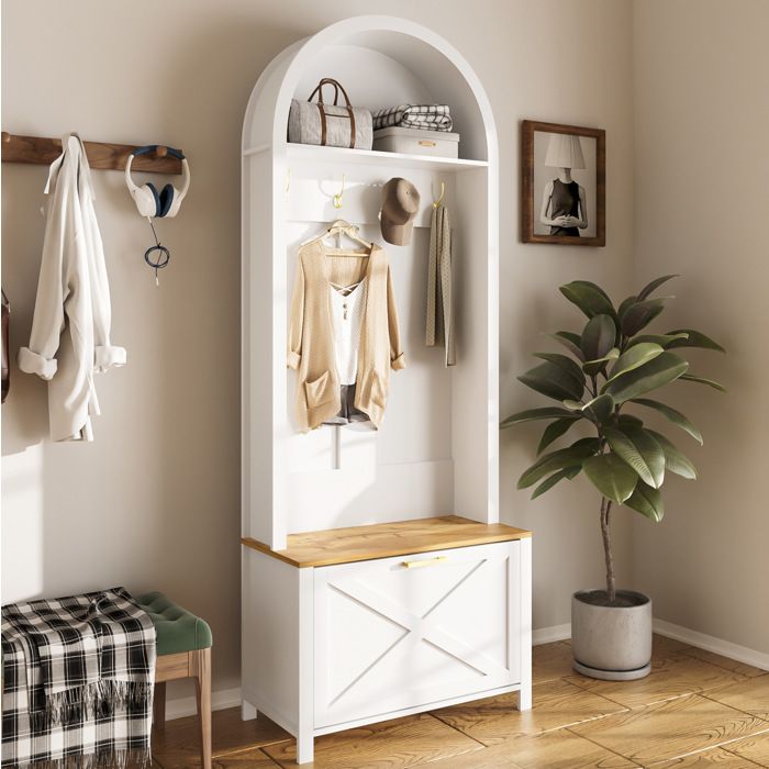 Meuble d’entrée 75 x 35 x 195 cm range-chaussures avec crochets et tablette MDF blanc et bois pieds en métal TYNQER