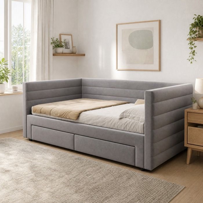 ELVORIN Lit capitonné extensible 90 x 190 cm 2 tiroirs gris